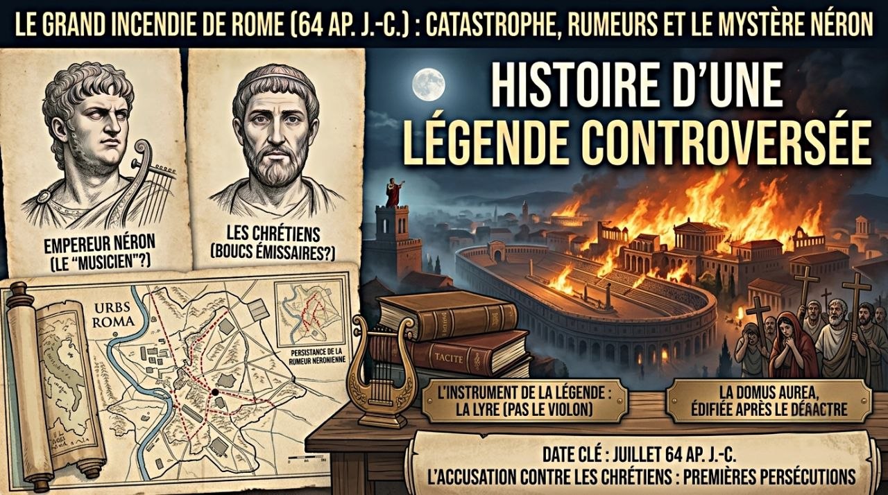 Lire la suite à propos de l’article Le Grand Incendie de Rome (64 après J.-C.) : Catastrophe, Rumeurs et le Mystère Néron 🔥